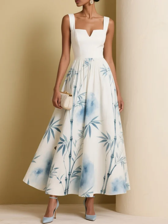 Light Blue Printing Classic Notched Sleeveless A-Line Maxi Dress
