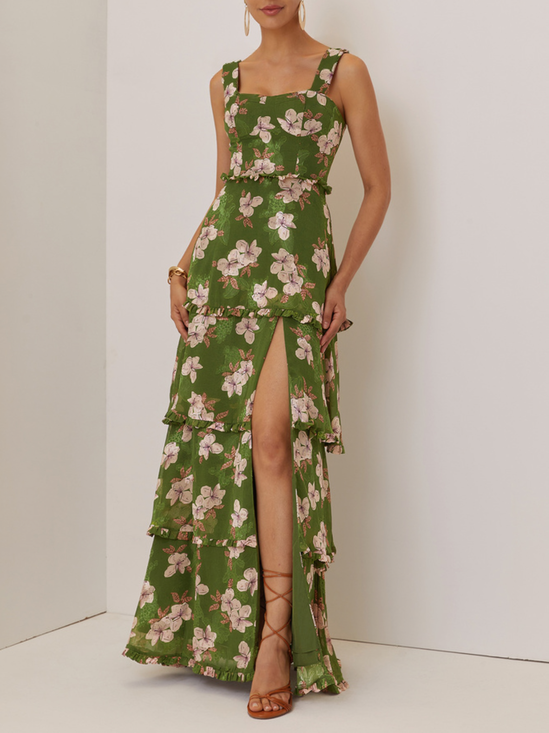 Green Jacquard Classic Spaghetti Chiffon Floral Sleeveless A-Line Maxi Dress