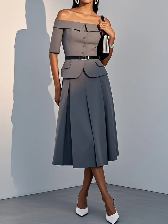 Women Gray Buckle Pocket Stitching Off The Shoulder Short Sleeve Two-Piece Dress