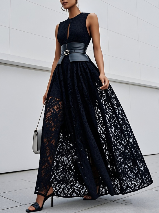 Black Lace Lace Crew Neck Sleeveless A-Line Maxi Dress