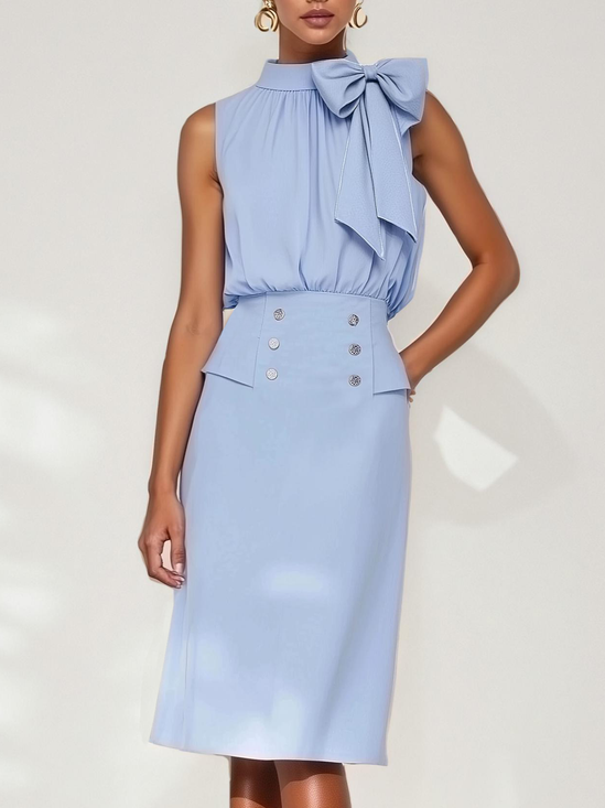 Women Blue Bow Buckle Crew Neck Sleeveless Two-Piece Set