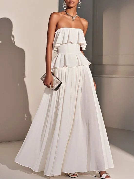 White Ruffled Classic Strapless Sleeveless A-Line Maxi Dress