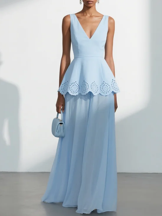 Light Blue Devore Peplum Classic V Neck Sleeveless A-Line Maxi Dress