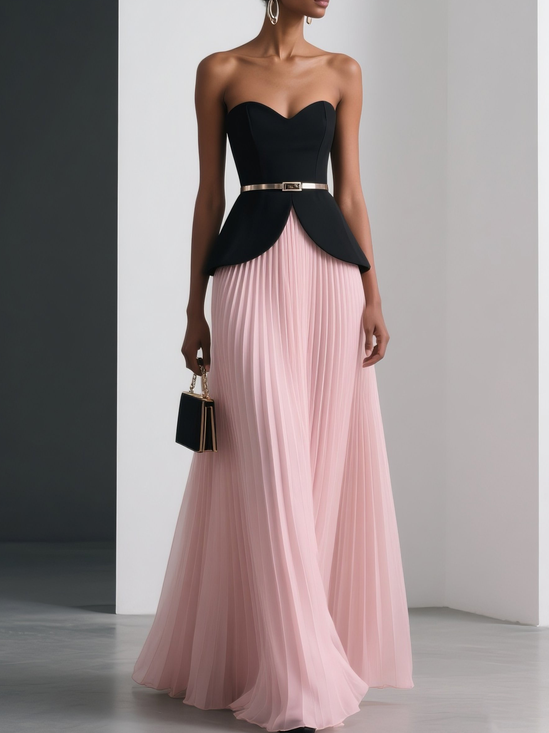 Women Pink Pleated Strapless Sleeveless Two-Piece Dress
