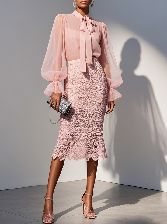 Women Pink Lace Bow Crew Neck Long Sleeve Bell Sleeve Two-Piece Dress
