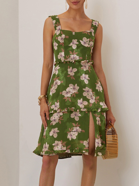 Green Jacquard Tiered Classic Spaghetti Sleeveless A-Line Midi Dress