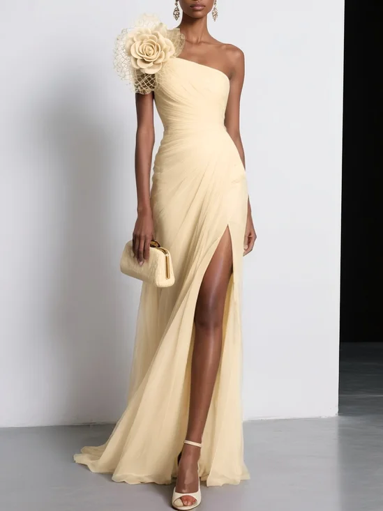 Pink Chiffon 3D Floral Ruched Slit One Shoulder Sleeveless Sheath Gown Dress