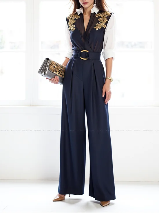 Women Purplish blue Applique Metal Shawl Collar Half Sleeve Regular Sleeve Urban Jumpsuit