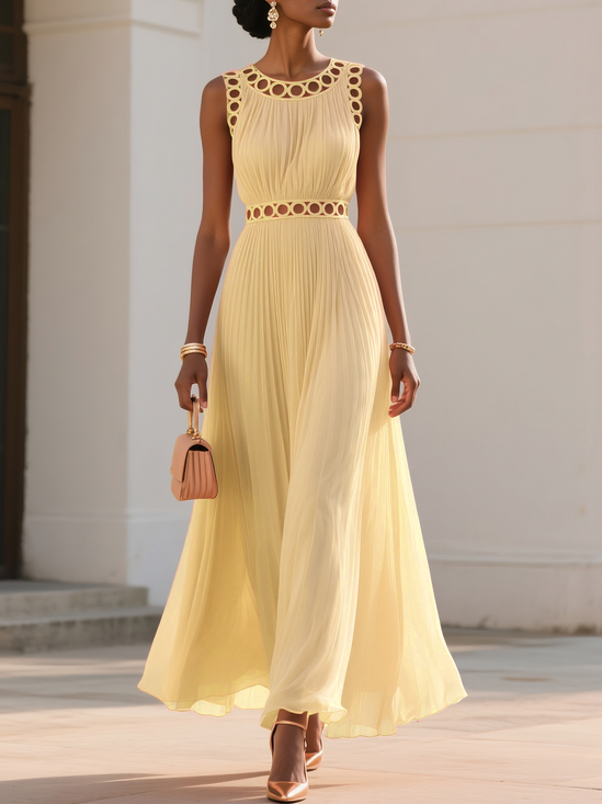 Orange Hollow Out Pleated Chiffon Crew Neck Sleeveless A-Line Maxi Dress
