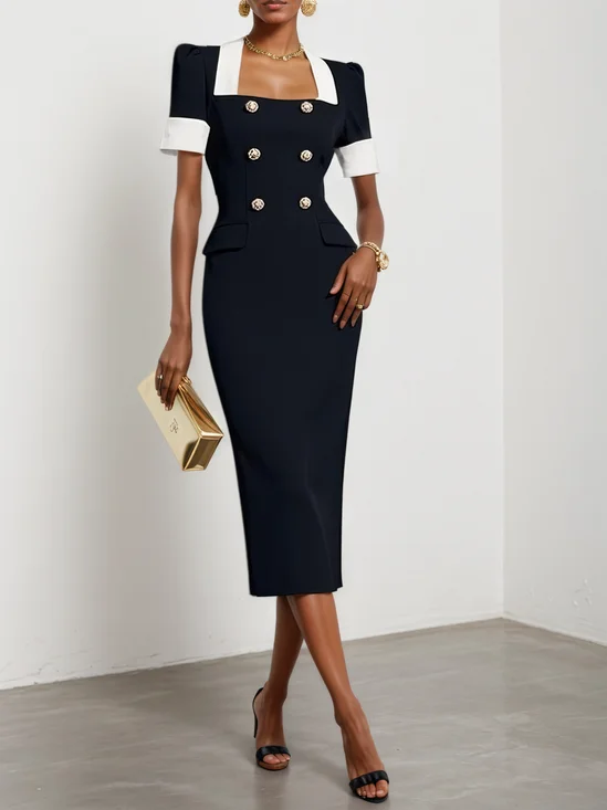Black Buckle Blazer Square Neck Short Sleeve Sheath Midi Dress