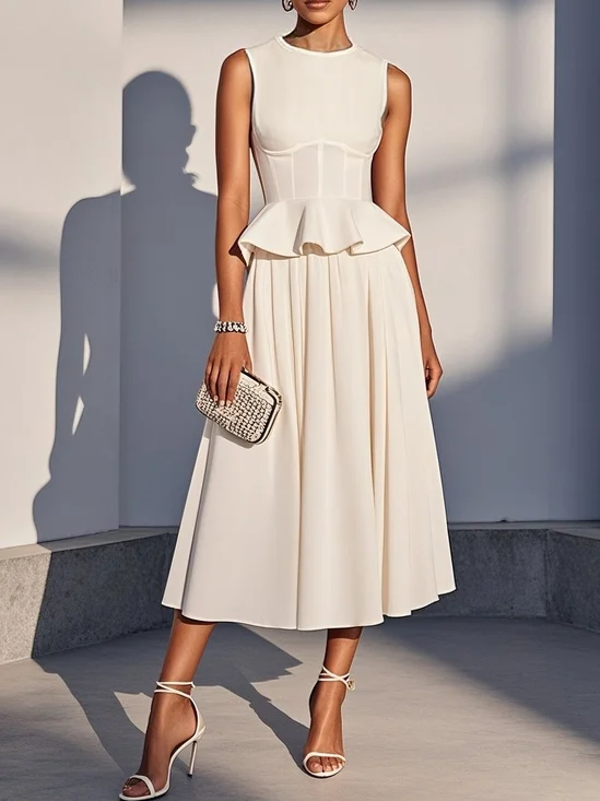White Ruffled Peplum Crew Neck Sleeveless Bell Sleeve A-Line Midi Dress