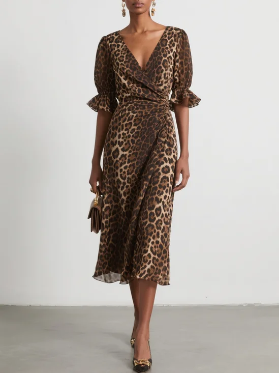 Leopard Ruched Wrap Dress V Neck Half Sleeve Bell Sleeve Sheath Midi Dress