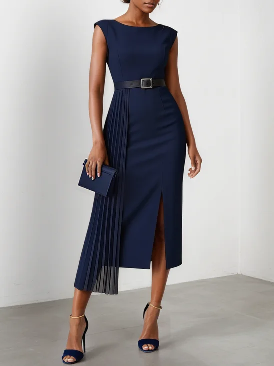 Purplish blue Pleated Classic Boat Neck Sleeveless Sheath Midi Dress