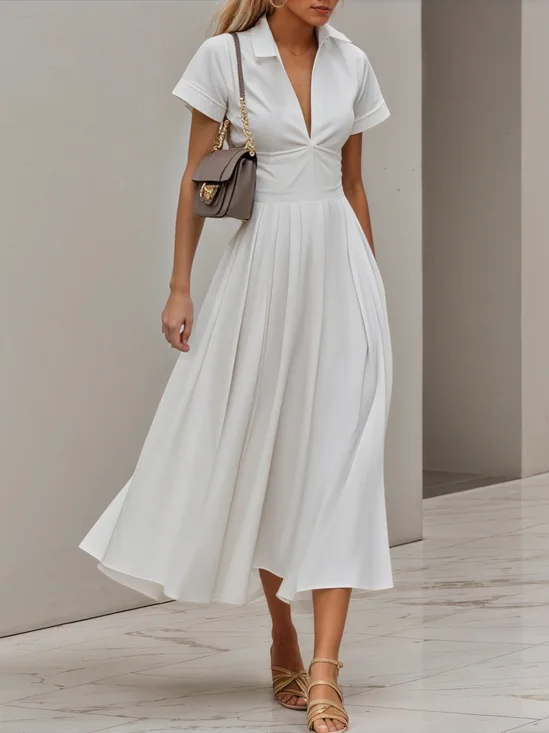 White Shirt Dress Shirt Collar Short Sleeve A-Line Maxi Dress