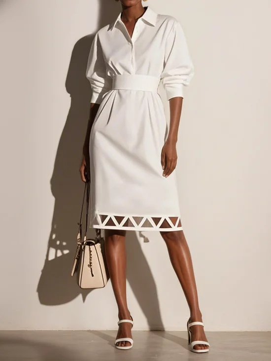 White Lace Shirt Dress Shirt Collar Long Sleeve Sheath Midi Dress