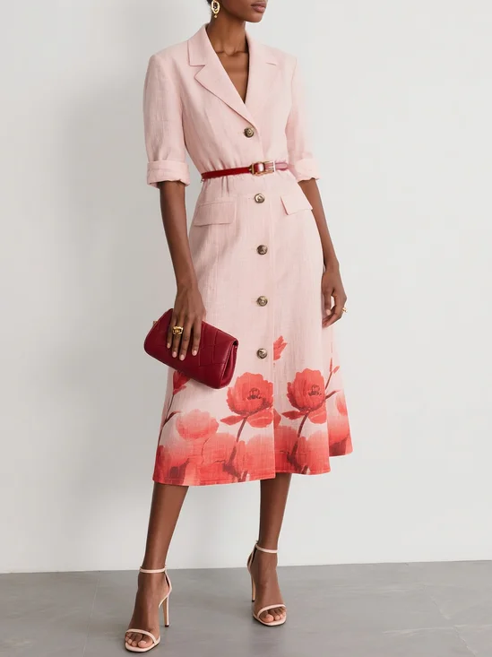 Pink Floral Shirt Dress Lapel Collar Half Sleeve A-Line Midi Dress