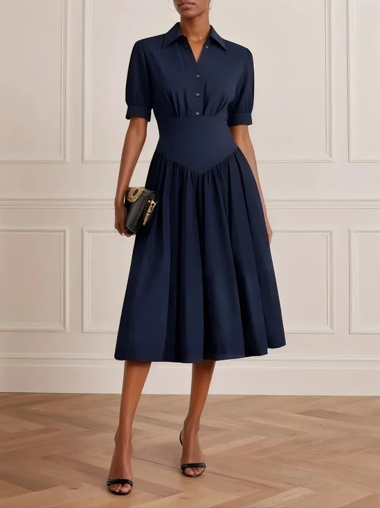 Purplish blue Buckle Gathered Shirt Dress Shirt Collar Short Sleeve A-Line Midi Dress