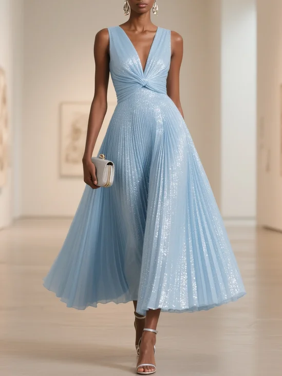 Light Blue Pleated Knot Front Classic V Neck Sleeveless A-Line Midi Dress