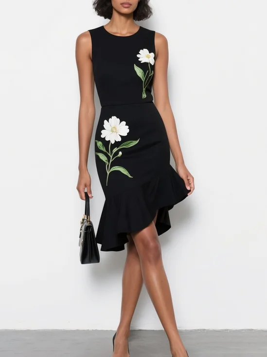 Black Embroidery Floral Classic Crew Neck Sleeveless Mermaid Midi Dress