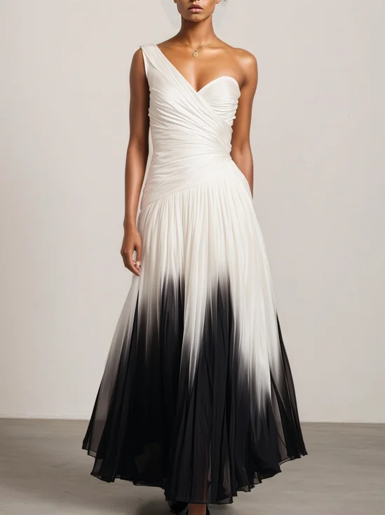 White Ruched Chiffon One Shoulder Sleeveless A-Line Maxi Dress