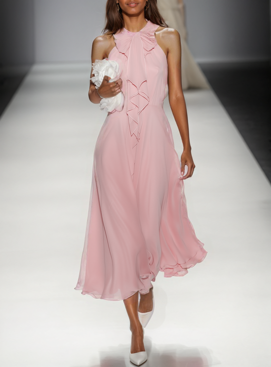 Pink Bow Peplum Chiffon Crew Neck Sleeveless A-Line Midi Dress