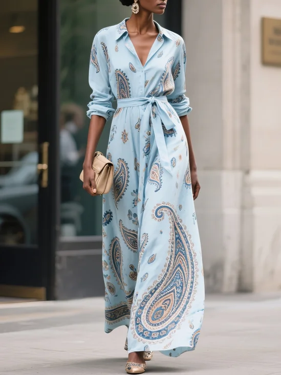 Light Blue Floral Shirt Dress Shirt Collar Long Sleeve A-Line Maxi Dress