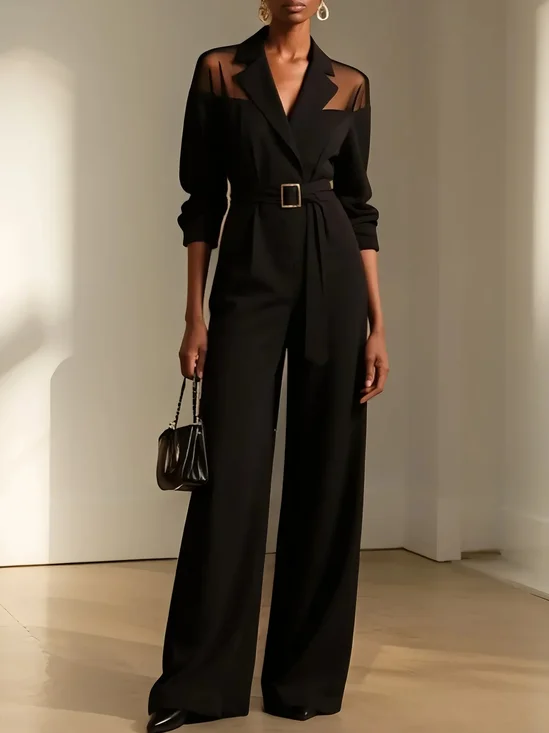 Women Black Mesh Shawl Collar Long Sleeve Dressy Jumpsuit