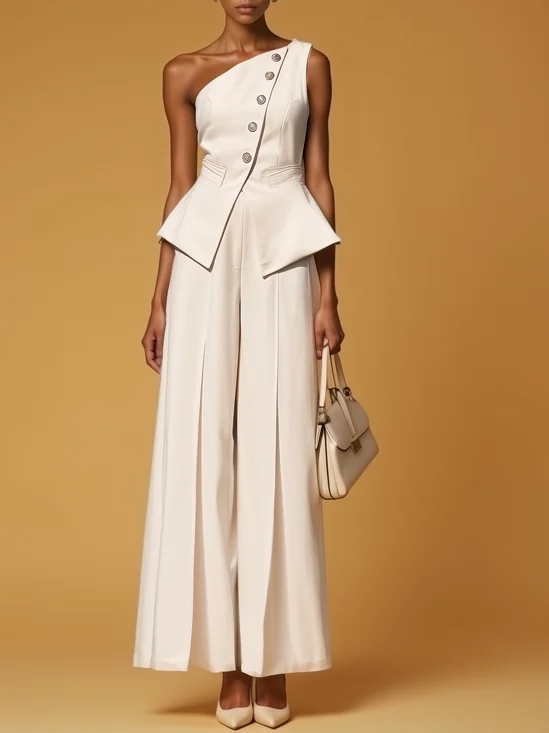 Women White Buckle One Shoulder Sleeveless Urban Jumpsuit