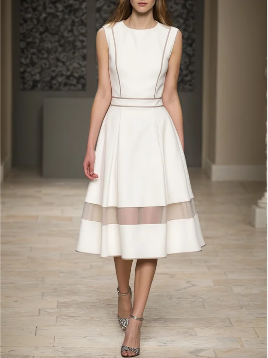 White Split Joint Classic Crew Neck Sleeveless A-Line Midi Dress