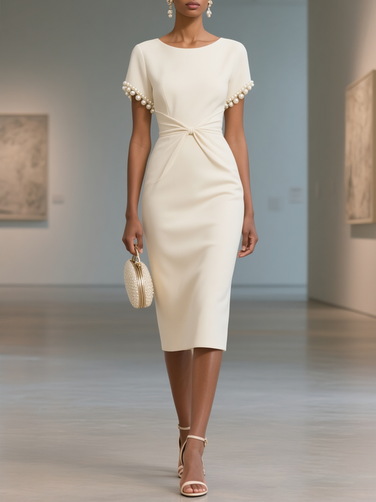 White Imitation Pearls Knot Front Classic Lapel Collar Short Sleeve Sheath Midi Dress