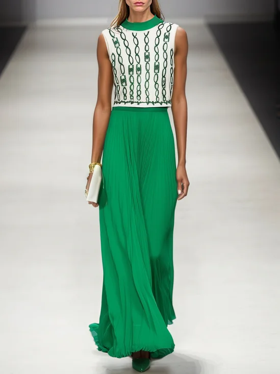 Green Ruched Chiffon Crew Neck Sleeveless A-Line Maxi Dress