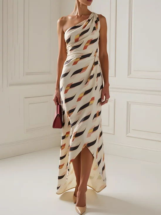 Beige Ruched Classic One Shoulder Sleeveless Sheath Maxi Dress