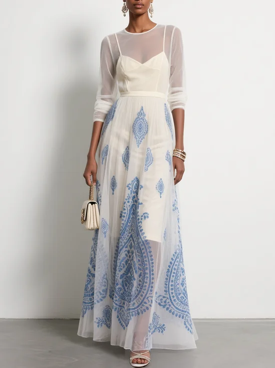 White Gathered Printing Chiffon Crew Neck Long Sleeve Sheath Maxi Dress
