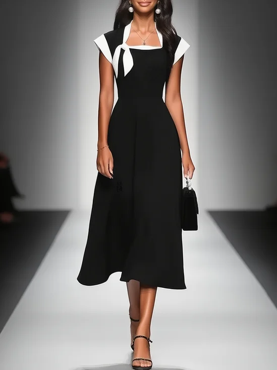 Black Bow Classic Square Neck Cap Sleeve A-Line Midi Dress