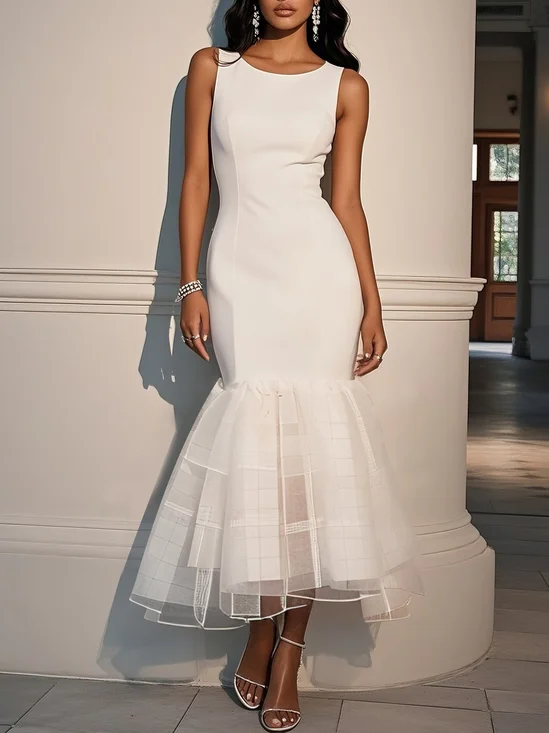 White Mesh Classic Boat Neck Sleeveless Mermaid Midi Dress