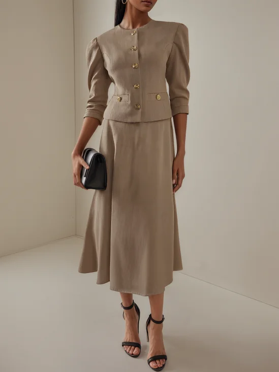 Women Light Khaki Buckle Crew Neck Half Sleeve Dressy Coat With Skirt Two-Piece Set