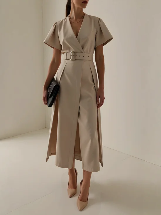 Khaki Slit Classic V Neck Short Sleeve A-Line Midi Dress