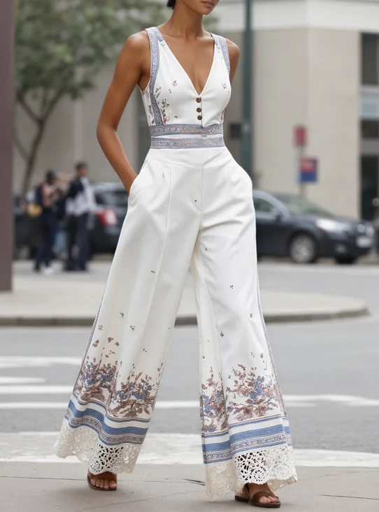 Women Blue Buckle Lace V Neck Sleeveless Dressy Jumpsuit
