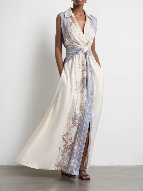 Blue Buckle Knot Front Shirt Dress Shirt Collar Sleeveless A-Line Maxi Dress