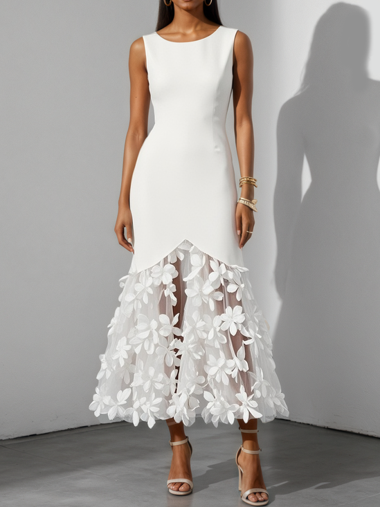 White 3D Floral Classic Boat Neck Sleeveless A-Line Midi Dress