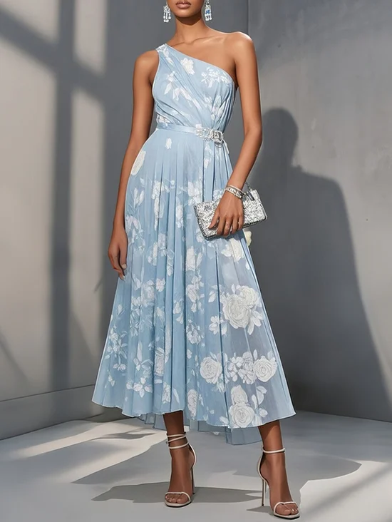 Light Blue Floral Ruched Classic One Shoulder Sleeveless A-Line Midi Dress