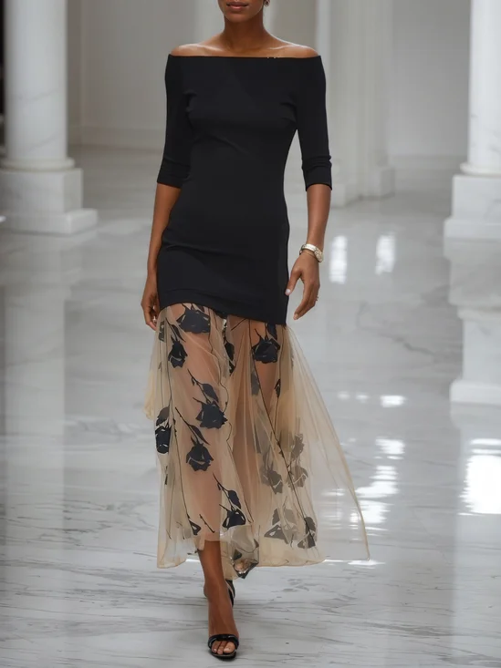 Black Flocked Classic Off The Shoulder Half Sleeve Off Shoulder Sleeve Mermaid Midi Dress