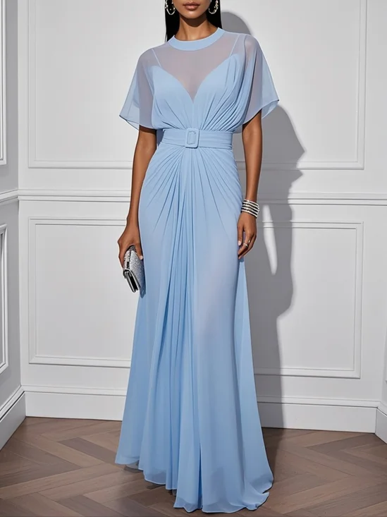 Light Blue Ruched Chiffon Crew Neck Short Sleeve A-Line Maxi Dress