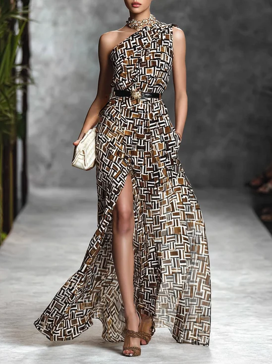 Brown Slit Chiffon One Shoulder Sleeveless A-Line Maxi Dress