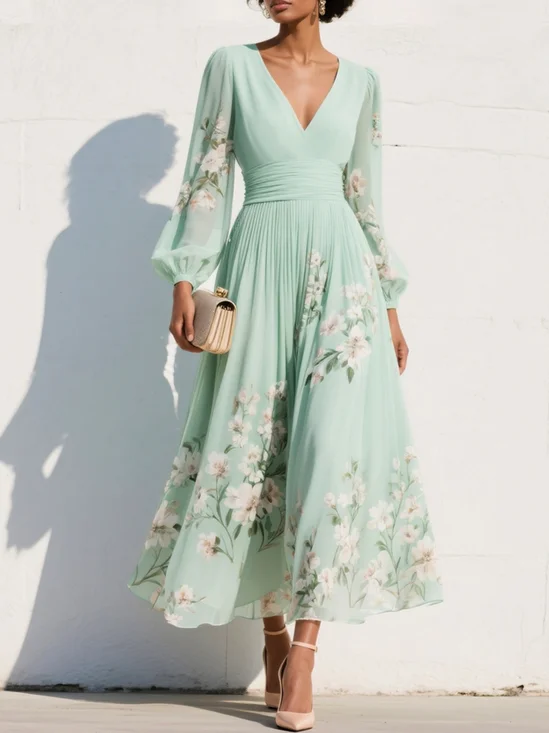Lightgreen Ruched Floral Chiffon V Neck Long Sleeve Balloon Sleeve A-Line Maxi Dress