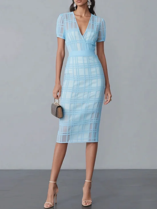 Light Blue Organza Plaid Classic V Neck Short Sleeve Sheath Midi Dress