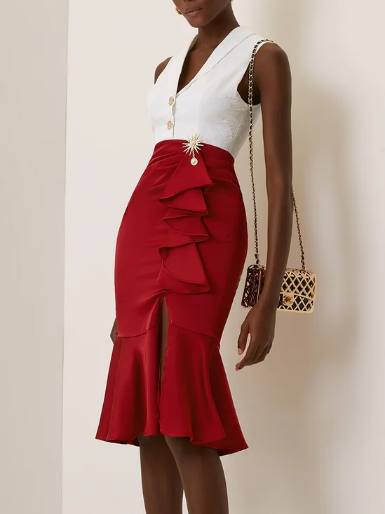 Wine Red Metal Mermaid Skirt Shawl Collar Sleeveless Sheath Midi Dress