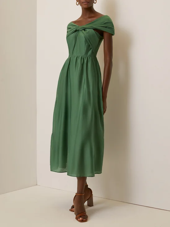 Green Lace Beaded Spaghetti Sleeveless A-Line Midi Dress