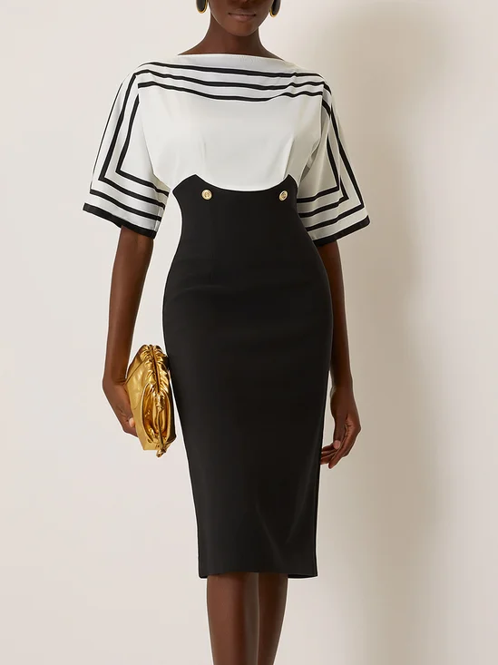 Black Buckle Classic Boat Neck Half Sleeve Sheath Midi Dress