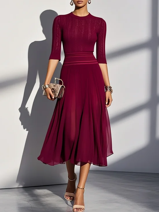 Wine Red Sweater Crew Neck Half Sleeve A-Line Midi Dress